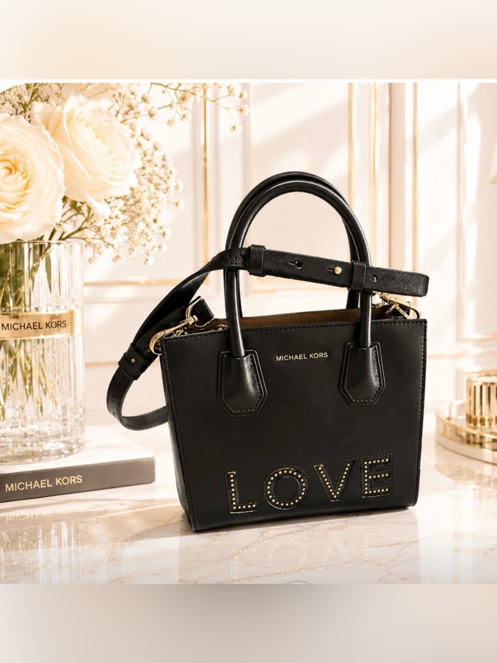 Michael Kors Black Leather 'LOVE' Studded Satchel-NWOT